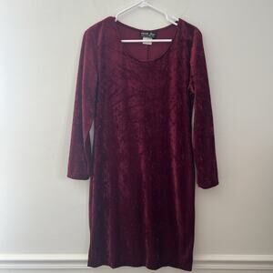 Vintage Petite Jazzy Women’s Crushed Velvet Midi Dress‎ 3/4 Sleeves Red Size 14